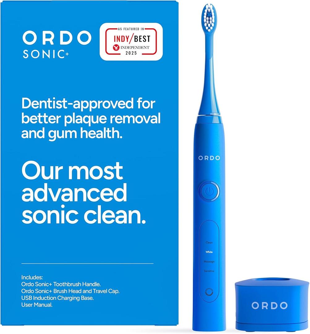 ORDO Sonic+ Electric Toothbrush for Adults, 4 Modes, Arctic Blue | Rechargeable sonic electric toothbrush, 4+ weeks battery life, USB charger, teeth whitening, plaque removal, Blue