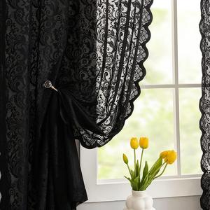 ALIGOGO Black Lace Curtains 72 inch Length 2 Panels Set -Vintage Paisley Black Sheer Curtain Panels Gothic Curtains for Bedroom French Door Boho Decor Filtering Rod Pocket 52 x 72 Inch