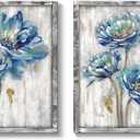 Blue Flower Wooden Artwork Framed: Bloom Wall Art Floral Painting Print for Bedroom Living Room (18''W x 24''H x 2 PCS)