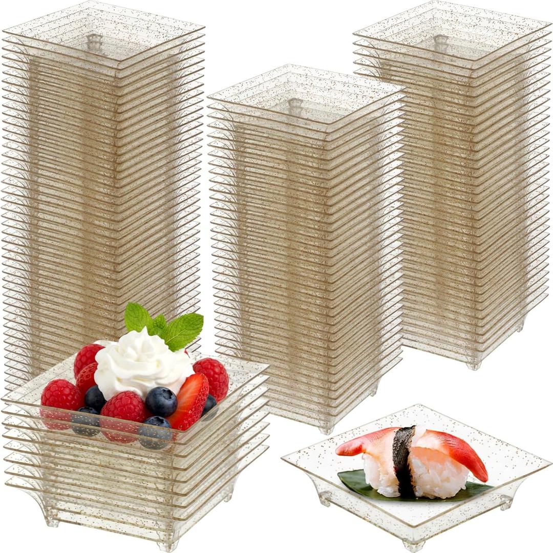 100 Pcs Mini Appetizer Plates Bulk 1 oz 2.4 Inch Square Plastic Dessert Plates Disposable Appetizer Tray for Wedding Shower Salad Cake Afternoon Tea Birthday Party (Gold)