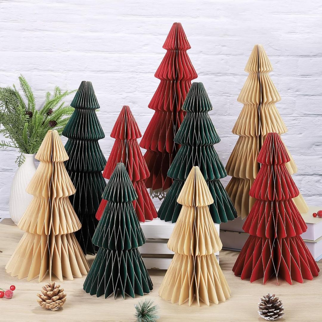 Aneco 9 Pcs Honeycomb Paper Christmas Trees, 3D Christmas Honeycomb Table Centerpiece 16, 12 & 10 Inch Winter Ornaments Glitter Edge Xmas Tree for Home Holiday Xmas Party Decorations, Red, Green, Gold