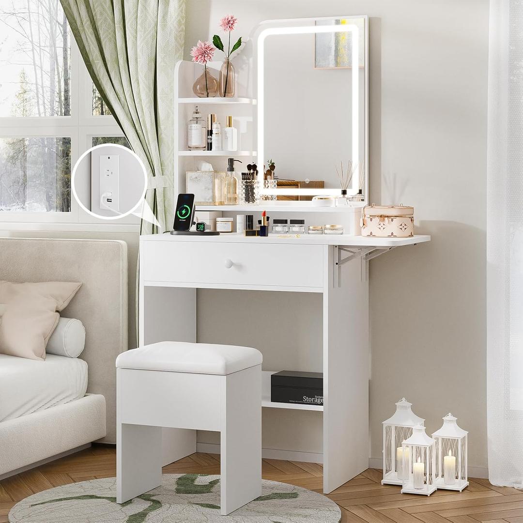 Haewon White Makeup Vanity Desk with Mirror and Lights, Vanity Table Set with Charging Station, Drawer, Storage Chair and Shelves, Dressing Table with Foldable Panel for Small Space Bedroom