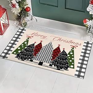 Buffalo Plaid Xmas Trees Merry Christmas Doormat 17"x30", Seasonal Xmas Door Mat Non-Slip Washable Low-Profile Winter Holiday Doormat for Indoor Outdoor