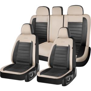 Coverado Car Seat Covers Full Set, Luxury Leather Car Seat Covers, Automotive Front and Rear Mesh Seat Covers, Full Set 5 Seats, Black Beige Seat Covers for SUV Sedan Truck