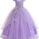 Weileenice Vintage Off the Shoulder Flower Girl Dress Lace Embroidery Little/Big Girls Wedding Bridesmaid Holiday Ballgown (11-12 Years, Lavender)