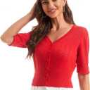 Women's Cotton Cropped Cardigan, Soft Short Sleeve V-Neck Casual Lightweight Cover Up Knit Sweater for Dresses (Red, XXL)