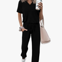 Womens 2 Piece Outfits Summer Casual V Neck Short Sleeve Tops Long Pants Tracksuit Lounge Jogger Set with Pockets Size XL, Black