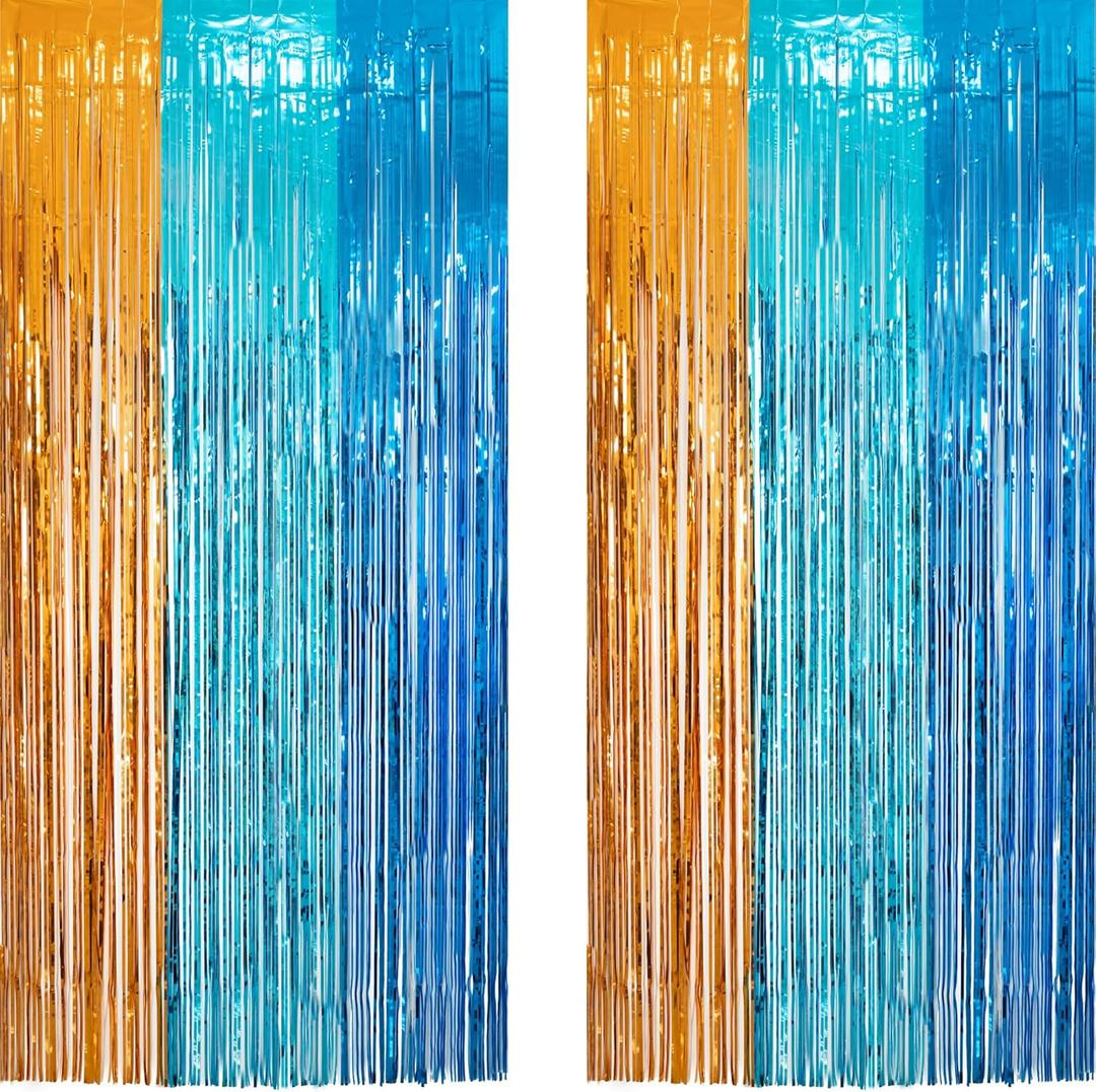 Orange Blue Party Streamers Backdrop - GREATRIL Tinsel Fringe Curtain for Blue Dogs Themed Birthdays Decoration 2 Packs