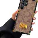 Phone Case for Samsung Galaxy S25 Ultra,Luxury Golden Decoration Corner Soft TPU Bumper Elegant Shockproof PU Leather Protective Back Cover Compatible with Galaxy S25Ultra(Khaki)