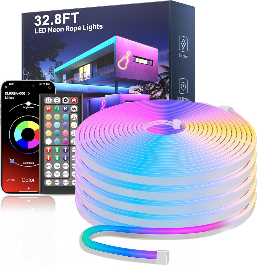 Fussion 32.8Ft Led Neon Rope Lights, RGB Led Strip Lights with App/Remote Control Music Sync Gaming Lights Outdoor IP67 Waterproof, Flexible DIY Design for Bedroom, Living Room, Party Decor