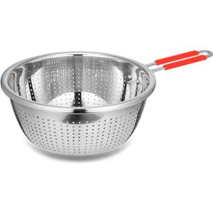 Stainless Steel Perforated Metal Colander Strainer with Long Red Handle Sieve Sifters Use for Kitchen Food Pasta Noodles Spaghetti Vegetables Silver - 10.24 inch (C072-Mer-26)