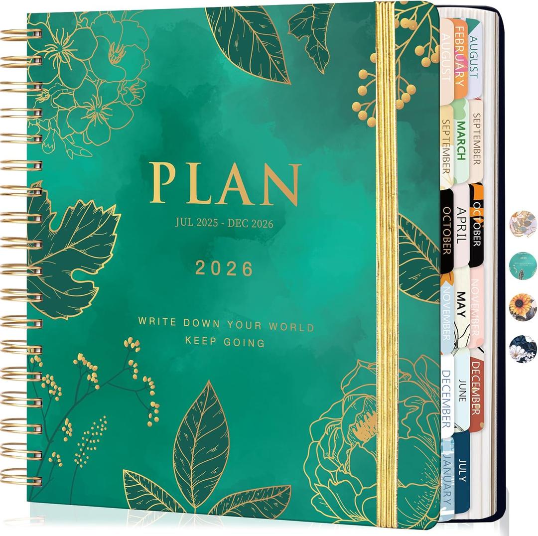 CAGIE Planner 2025-2026, 18 Months Jul 2025 - Dec 2026 Calendar Weekly Monthly Agenda, 8.3 x 9.3 Inch, Green Spiral Bound Planner, Monthly Tabs, Elastic Closure, Stickers