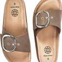 Women's Cork Sandals with Arch Support – Fashion Slides with Oversized Metal Buckle and Soft Microfiber Suede Upper – Comfortable Sandals for Wide Feet, High Instep, Swollen Feet 8.5