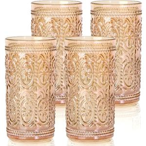Glassware set of 4 Vintage Drinking Glasses, 12oz Amber Heavy Duty Glass Cups, Old Fashioned Glass, Highball Glasses Set for Party Wedding Home Office Glassesware Gift