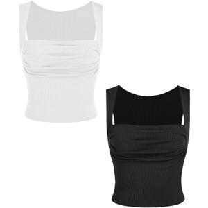 CIDER 2 Pack Women Tank Tops Set Ruched Square Neck Sleeveless Going Out Cute Crop Top Trendy (X-Small, Black & White)