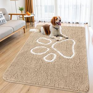 Smiry Dog Door Mat for Muddy Paws, Absorbent Dirt Trapper Non Slip Quick Dry Washable Chenille Mat for Mud Dogs, Entry Rug for Indoor and Outdoor (59x35 Inches, Beige and White)