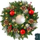 15 Inch Pre-Lit Artificial Christmas Wreath for Front Door, Christmas Door Decorations Wreath with LED Warm Lights, Balls, Pine Needles, and Red Berries Wall Windows Ornament