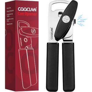 Can Opener Manual 2-in-1 with Magnet, Hand Held Can Openers with Stainless Steel Sharp Blade (Smooth Cut), Large Effortless Turn Knob, Non-Slip Soft Rubber Handle, Built-Bottle Openers, Black