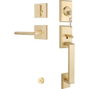 EHOMEWARE Front Door Handle and Deadbolt Set, Satin Brass Gold Exterior Door Lever Handle, Heavy-Duty Door Lock Set