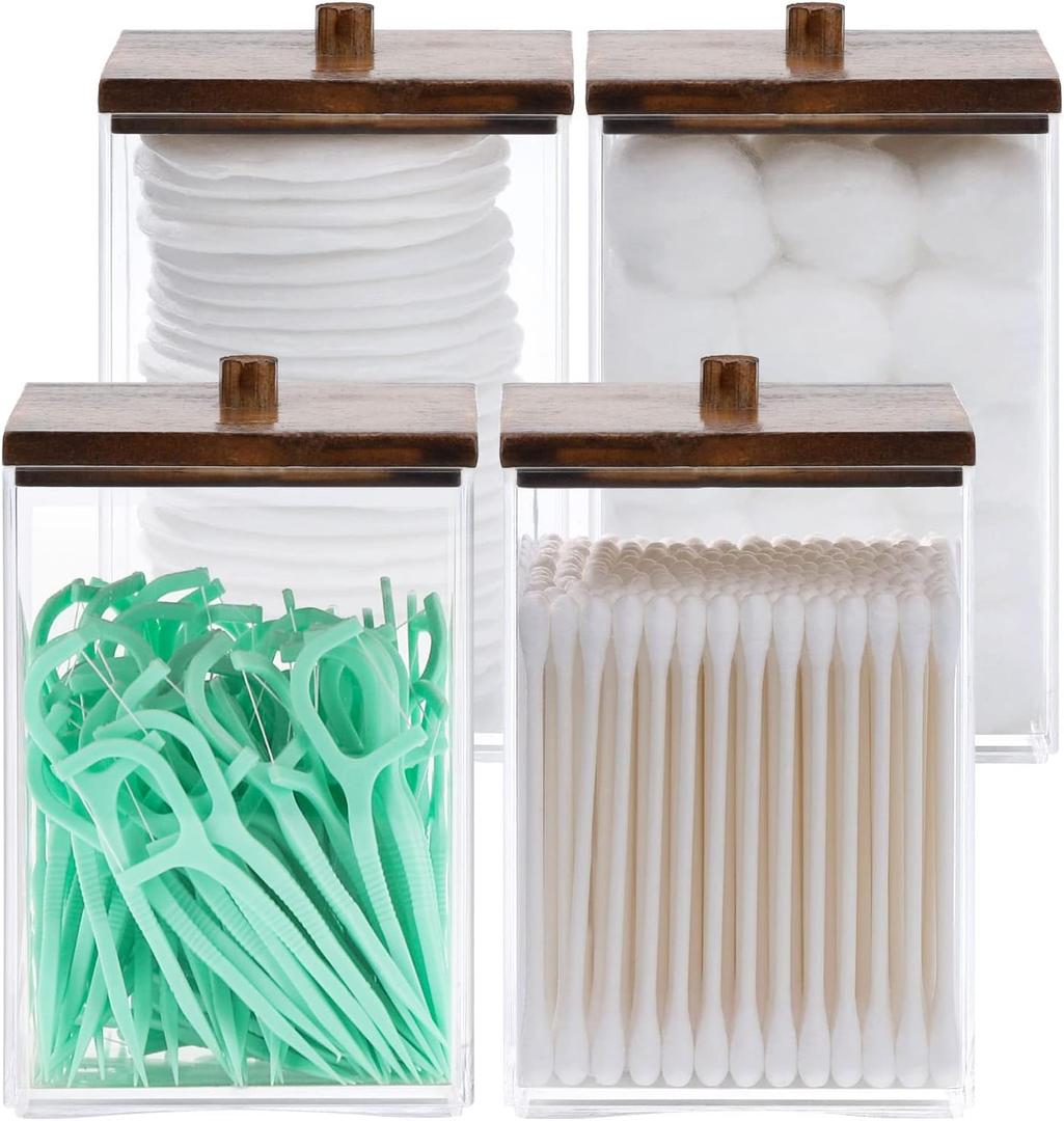 Tbestmax 12 OZ Cotton Swab/Ball/Pad Holder, Qtip Apothecary Jar, Clear Bathroom Containers Dispenser for Storage 4 Pack Black Wood Lids