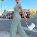 Trendy Queen 2 Piece Matching Summer Lounge Set Womens Side Ruching Top Wide Leg Pants Sets with Pockets (Green, S)