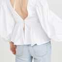 SUNNOW Women's Elegant Blouse Shirt with Plunging Double V-Neckline & Back Ties Puff Long Sleeves with Button Cuffs (White, L)
