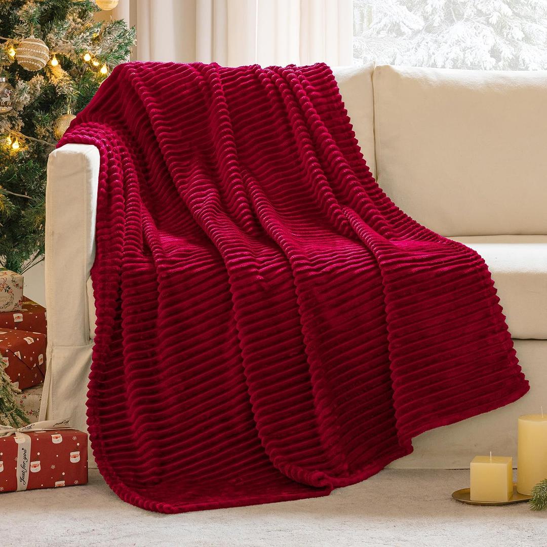 MIULEE Christmas Burgundy Red Fleece Throw Blanket for Couch 300GSM Super Soft Lightweight Plush Striped Decor, Warm Cozy Breathable Ribbed Blanket for Bed/Sofa, Twin Size 60"x80"
