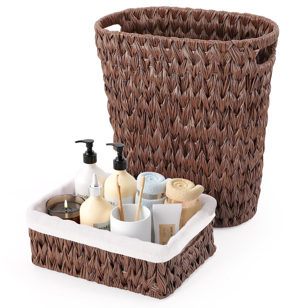 XLHOMO Bathroom Trash Can with Wicker Storage Baskets,12 Liter/3.2Gallon Small Trash Can Handwoven Waste Basket Narrow Small Garbage Can for Bedroom, Bathroom,Office