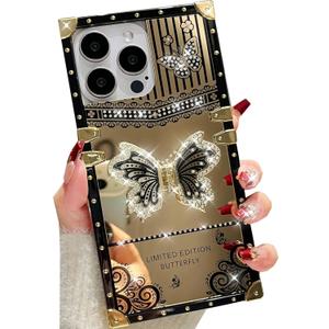 Changjia Glitter Kickstand Case for iPhone 16 Pro,Cute Luxury Bling Sparkly Rhinestones Butterfly Foldable Stand Elegant Mirror Shockproof Protective Case for Women Girls for iPhone 16 Pro 6.3", Black