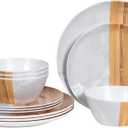 Melamine Dinnerware Sets for 4, 12-Piece Lightweight Outdoor Plates and Bowls Sets, Unbreakable Wooden Jade Pattern Flatware set