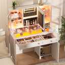 Semoic White Makeup Vanity Desk with LED Mirror and RGB Lights and Power Outlet, Morden Glass Top Vanity Table with Drawer & Storage Cabinet & Adjustable Shelves, Large Dressing Table for Bedroom