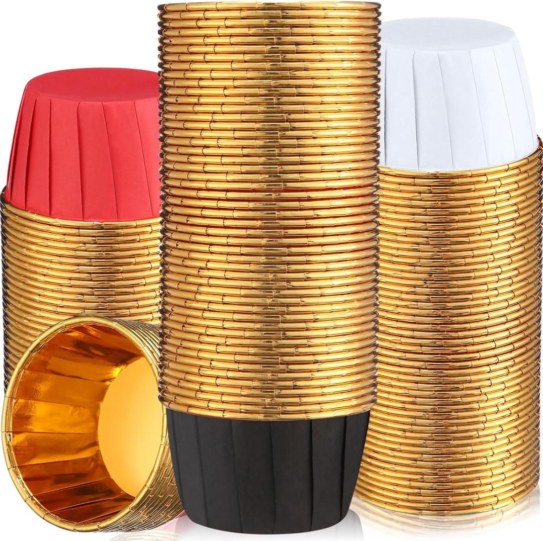 300 Pack Black Red White Cupcake Cups Bulk 3.5 oz Disposable Foil Muffin Liners Wrappers for Baking Aluminum Paper Mini Metallic Holiday Wedding Festival Party Supply