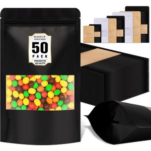 50 Pcs Smell Proof Bag, Reusable Snack Bags with Frosted Clear Window, Resealable Bags Various Sizes, Small Treat Bag, Stand Up Pouches for Candy, Nuts, Spice, Sample, Product, Trail Mix (4x6in (10x15cm), Black)