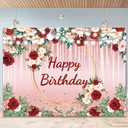 Pink Happy Birthday Backdrop for Women 7x5Ft Pink and Red Rose Birthday Backdrop Banner for Girl 's Party Decorations Banner for 30th 40th 50th Women Polyester Photography Background 7x5Ft