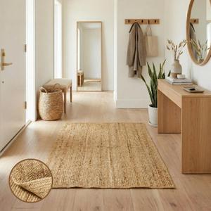 Jute Area Rug - 3x5 Natural Jute Rug with Non-Slip Backing, Low-Profile Farmhouse Rug for Living Room, Bedroom or Rustic Entryway mat, Eco-Friendly Boho Decor, Non-Shed for High-Traffic