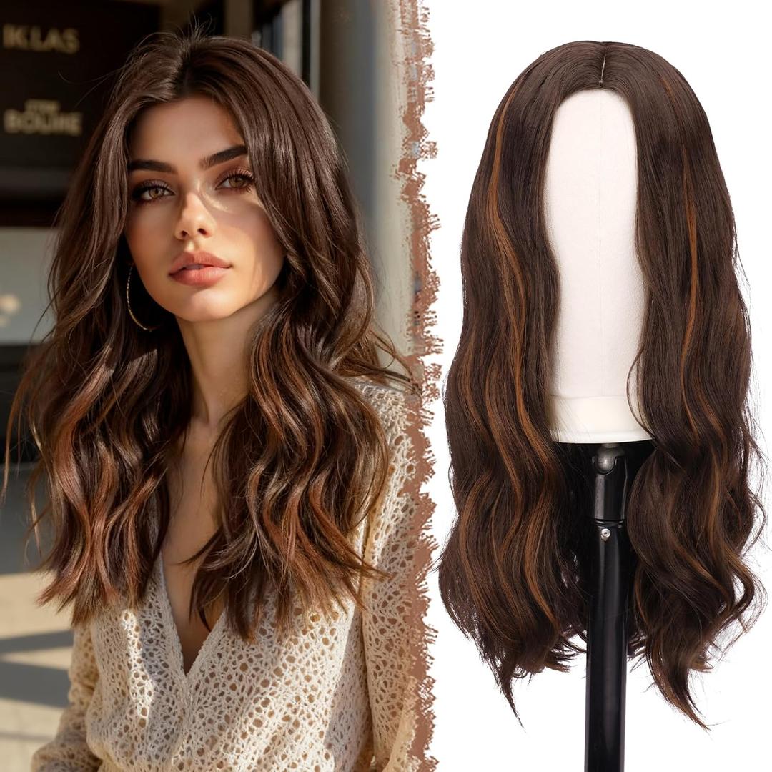 FESHFEN Long Brown Blonde Wigs for Women, 24 inch Middle Parting Synthetic Wavy Wig for Daily Party, Brown Mixed Auburn