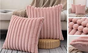 MADIZZ Set of 2 Faux Wool Plush Decorative Throw Pillow Covers 16x16 Inch Light Blue Fluffy Striped Soft Decorative Cushion Cover for Sofa Bedroom Pillow Shell Pink