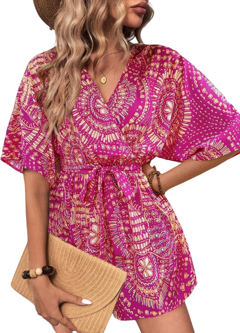 Women's V-Neck Wrap Around Cinched Waist Floral Print Jumpsuit, Suitable For Beach Vacation (Pink, S)