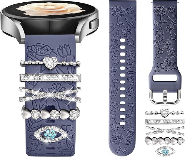 DaQin Flower Engraved Band Compatible with Samsung Galaxy Watch 7 Band/FE 6 5 4 40mm 44mm,Galaxy Active 2, 20mm Watch Band Soft Silicone Replacement Strap with Decorative Charms Accessories Women BlueGrayEye
