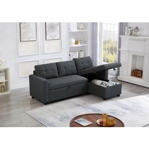 Upholstered Pull Out Sectional Sofa with Storage Chaise, Convertible Corner Couch, Dark Grey