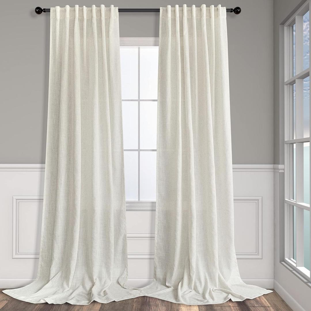 Natural Linen Back Tab Curtains 84 Inch Length for Living Room 2 Panel Pocket Drape Light Filtering Semi Sheer Neutral Country Rustic Farmhouse Boho Curtain Bedroom Muslin Look Ivory Cream Colored, 52"W x 84"L