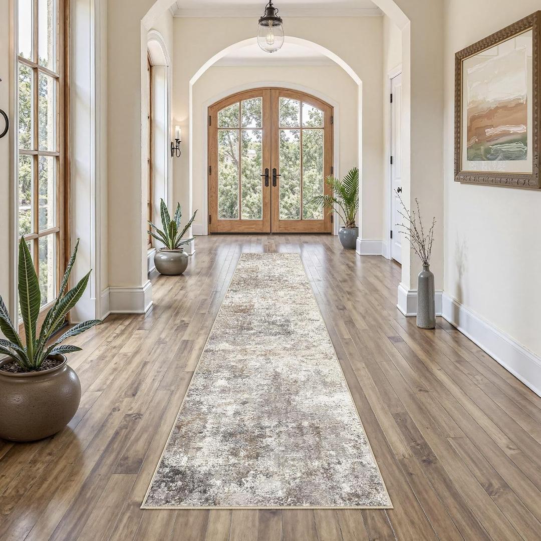 2X10 Washable Runner Rug for Hallway: Soft Neutral Modern Abstract Area Rug - Non-Slip Low Pile Long Throw Indoor Carpet for Kitchen Entryway Kitchen Bedroom Laundry - Brown Grey