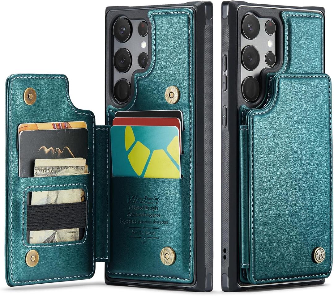 Vinich for Samsung Galaxy S23 Ultra Wallet Case with Card Holder, RFID Blocking Credit Slots Kickstand Shockproof Phone Cover Fit for Galaxy S23 Ultra 6.8" Bluish Green