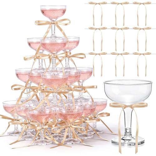 Zopeal 30 Set Disposable Plastic Coupe Glasses With Satin Ribbon Bow 5 oz Acrylic Champagne Tower Cocktail Unbreakable Plastic Martini Margarita Glasses for Birthday Wedding Party Bar (Champagne Gold)