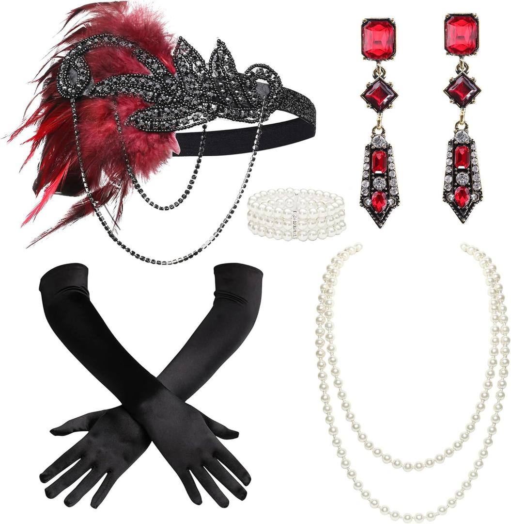 BABEYOND 1920s Accessories for Women - Flapper Feather Headband Headpiece for Women 20s Pearl Bracelet Necklace Gloves (Wine Red)