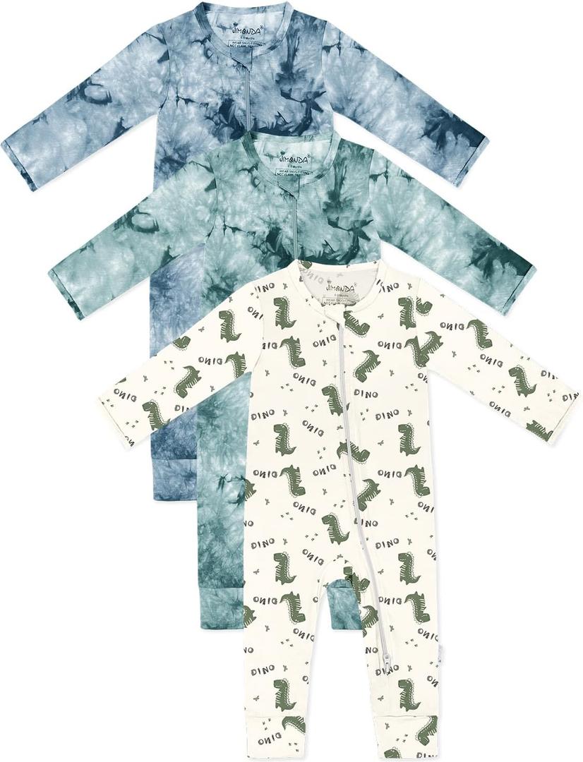 Jimonda Baby Girls Boys Footless Pajamas,Rayon From Bamboo Pjs 2 Way Zipper Long Sleeve Soft Sleeper,Infant Tie-dye Romper (18-24 Months, Dinosaurs&blue&green)
