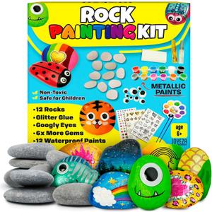 JOYEZA Rock Painting Kit Deluxe, Arts and Crafts for Girls Boys Age 6+, 12 Rocks Tween Gift Art Set, Waterproof Paints, Craft Kits Art Supplies, Kids Crafts Ages 6-8, Kids Activities 6 7 8 9 10 (Original)