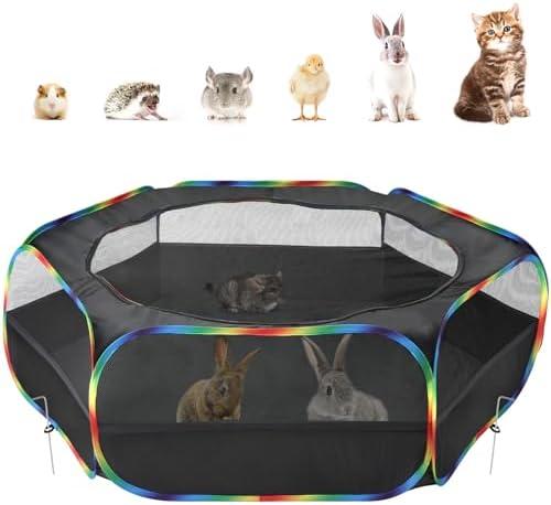 Pawaboo Small Animals Playpen, Waterproof Small Pet Cage Tent with Zippered Cover, Portable Outdoor Yard Fence with 3 Metal Rod for Chick/Kitten/Puppy/Guinea Pig/Rabbits/Hamster, Black + Rainbow