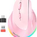 MEETION Left-Handed Mouse, Ergonomic Mouse Wireless Vertical Mouse, RGB Mice for Bluetooth(5.2 + 3.0) & USB-A with Type-c Adapter 4 Adjustable DPI for Mac/Windows/Tablet/iPad/PC Pink