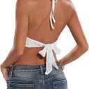 Women's Crochet Halter Crop Tank Top Open Back Tie Metal Ring Rave Sexy Y2K Going Out Tops for Women Party Club (White, S)